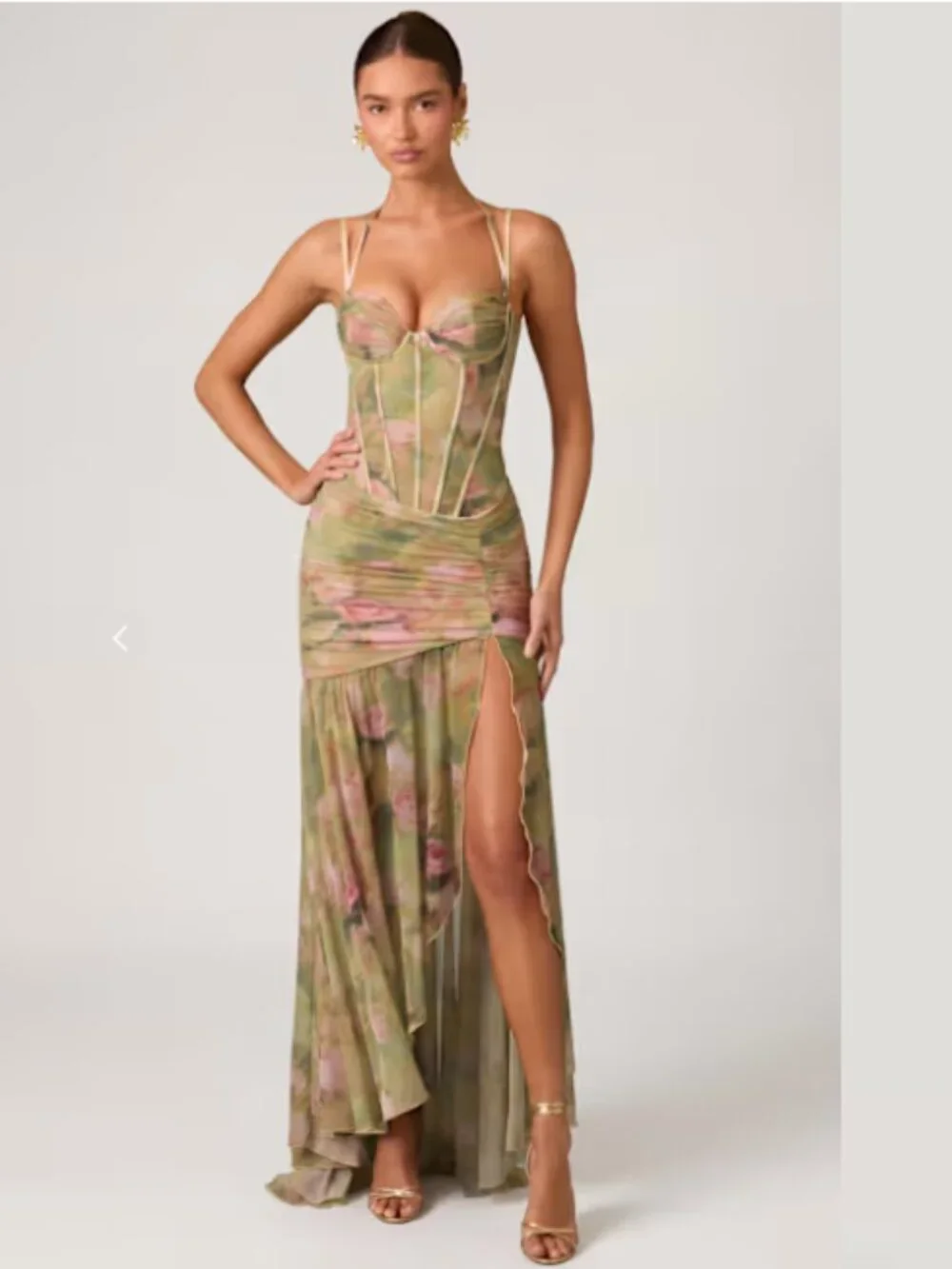 Oh Polly Haruna Ruched Asymmetric Corset Gown in Floral Multi Print - Picture 4 of 10